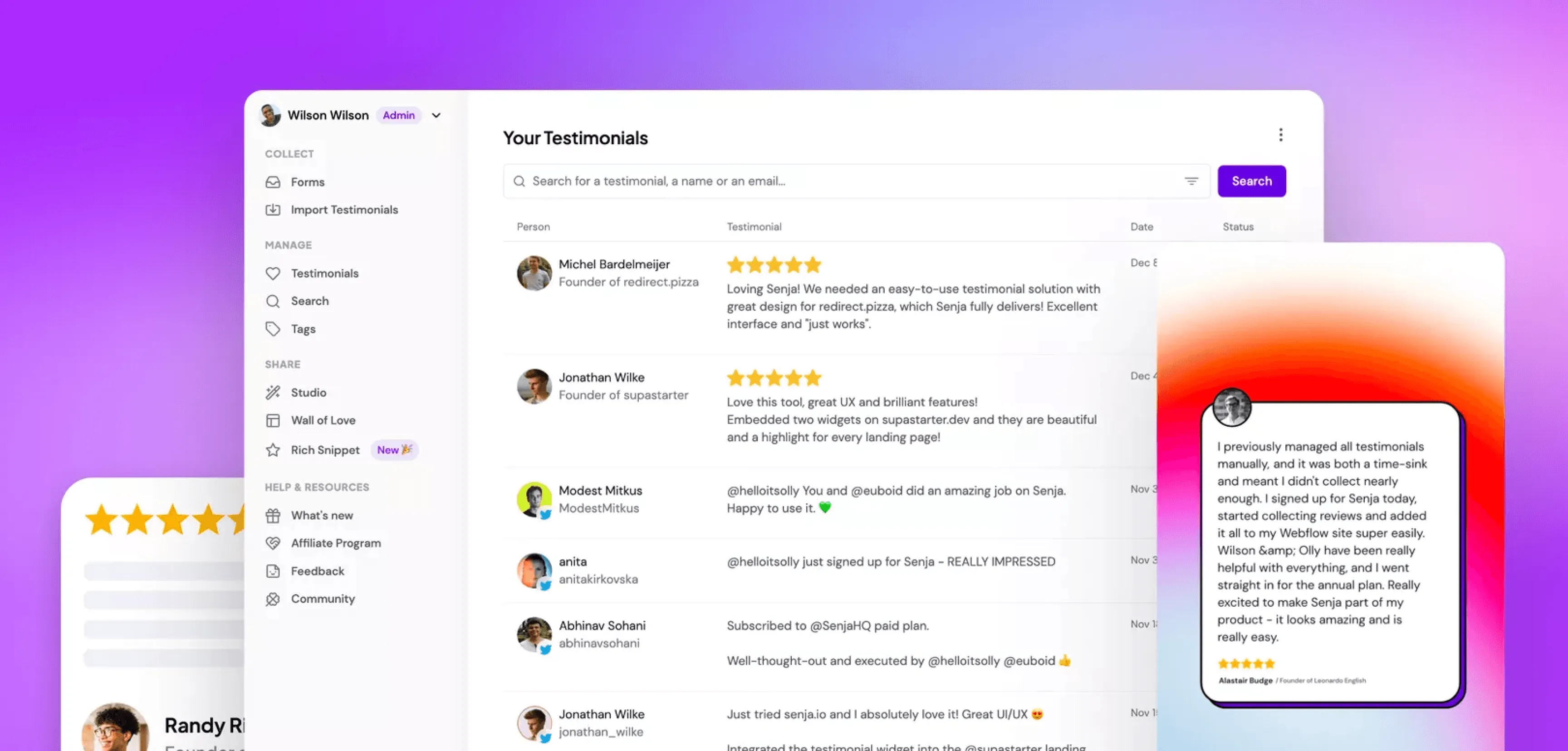 The Senja dashboard