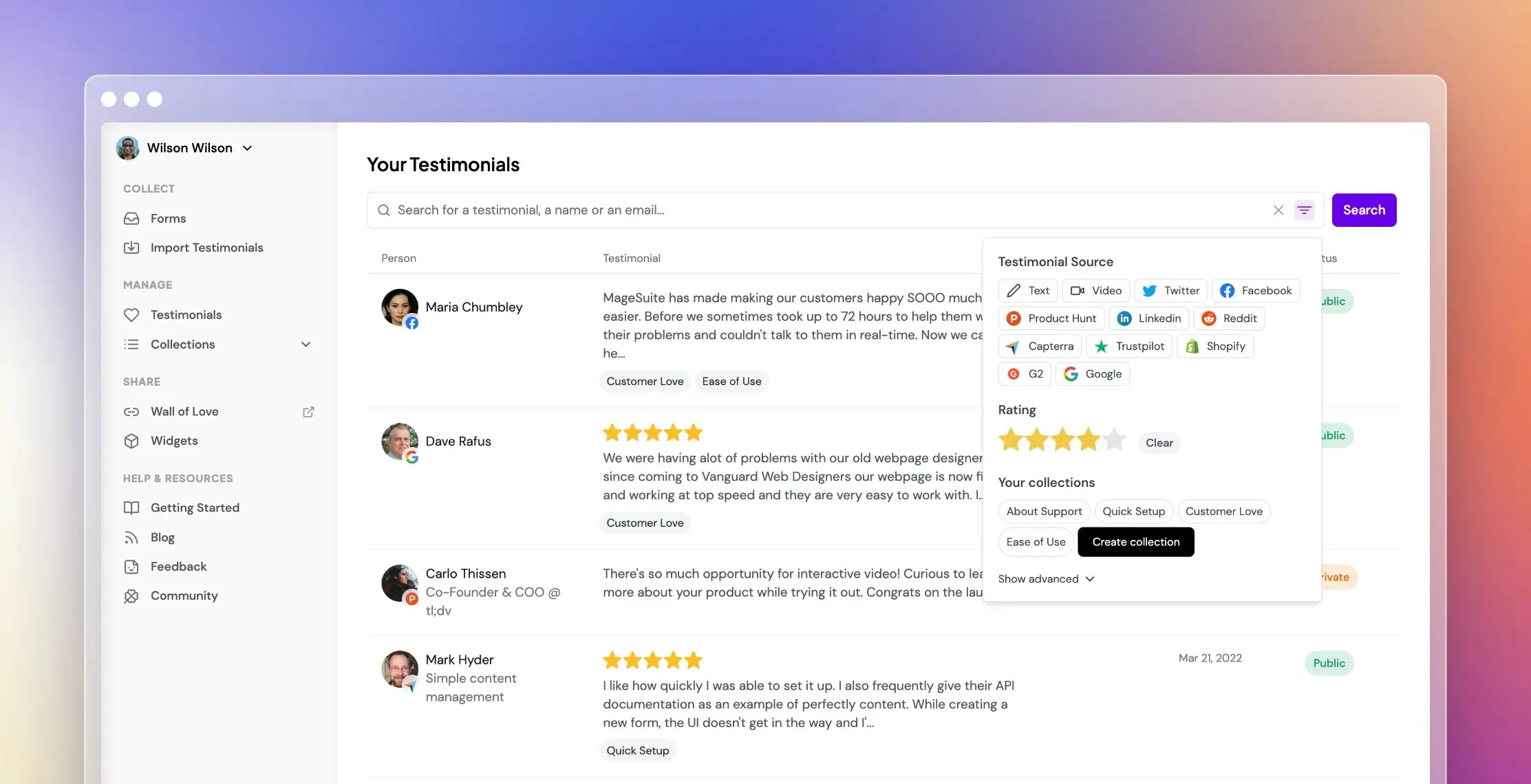 The Senja dashboard with search and filters across every testimonial
