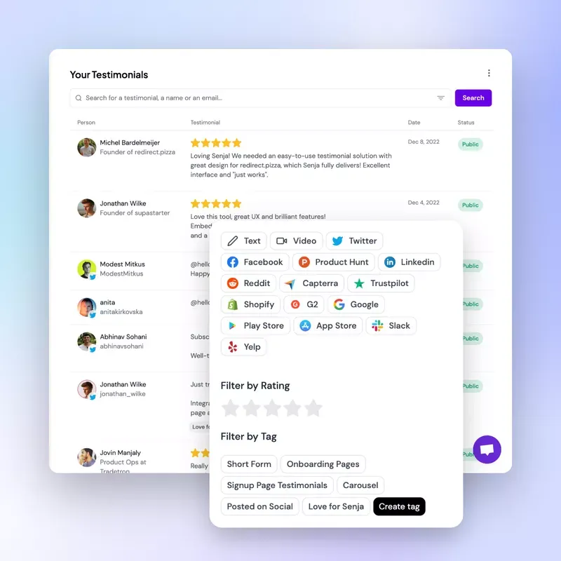 Managing, tagging and searching client testimonials in the Senja dashboard