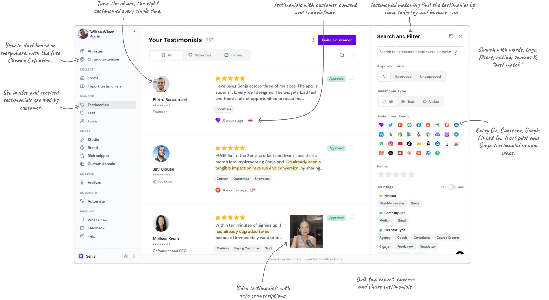 The Senja testimonial dashboard: search and filter by words, tags, rating and source, with bulk tagging, approval, translations and video transcriptions